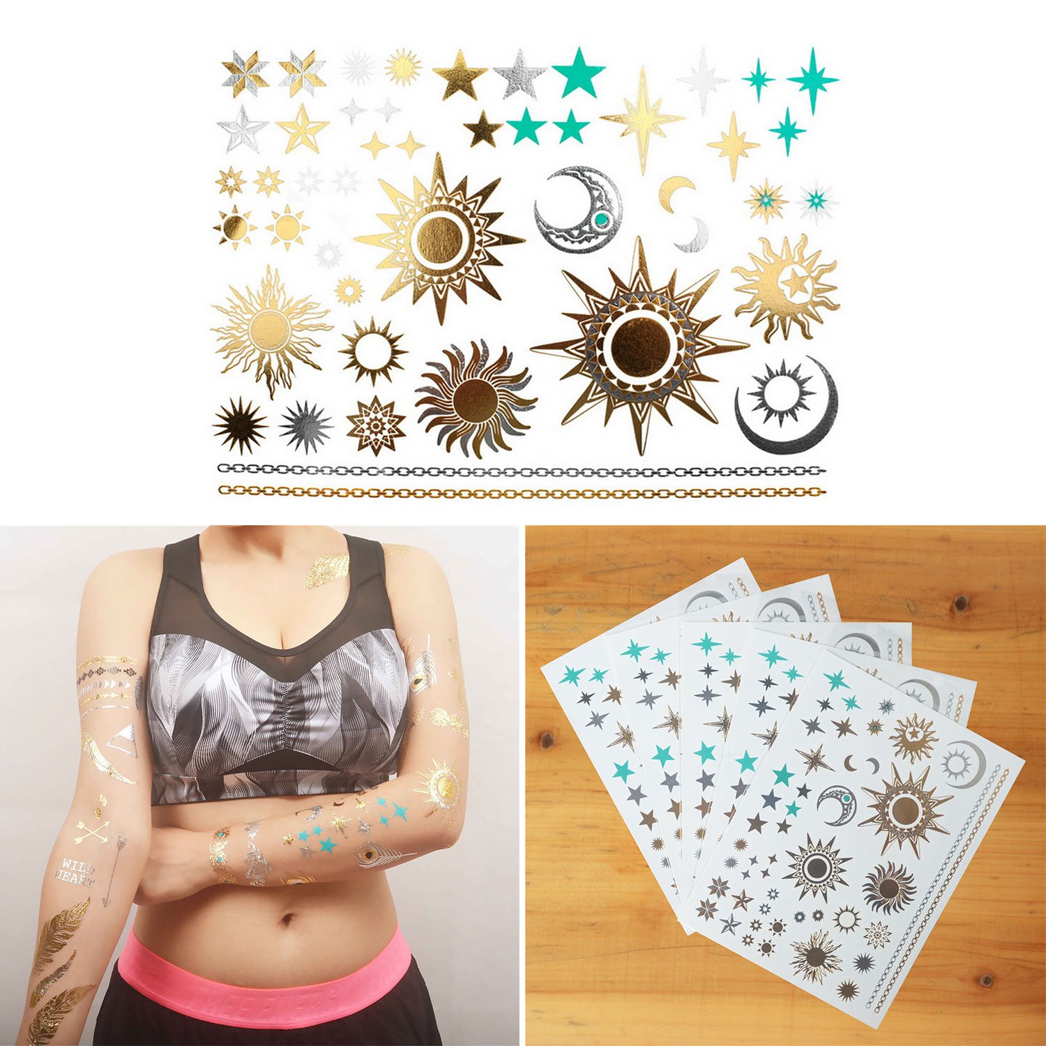 COKOHAPPY 5 Sheets Metallic Temporary Tattoo 150+ Sun Moon Star Gold Silver Shine Beach Armband