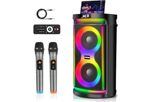 JUOPIEA Karaoke Machine for Adults with Dual 6.5-Inch Subwoofers and 2 Wireless Microphones, Portable Bluetooth Karaoke Speaker with Bass/Treble Adjustment, LED Lights, Supports TWS/USB/TF/REC/FM/AUX