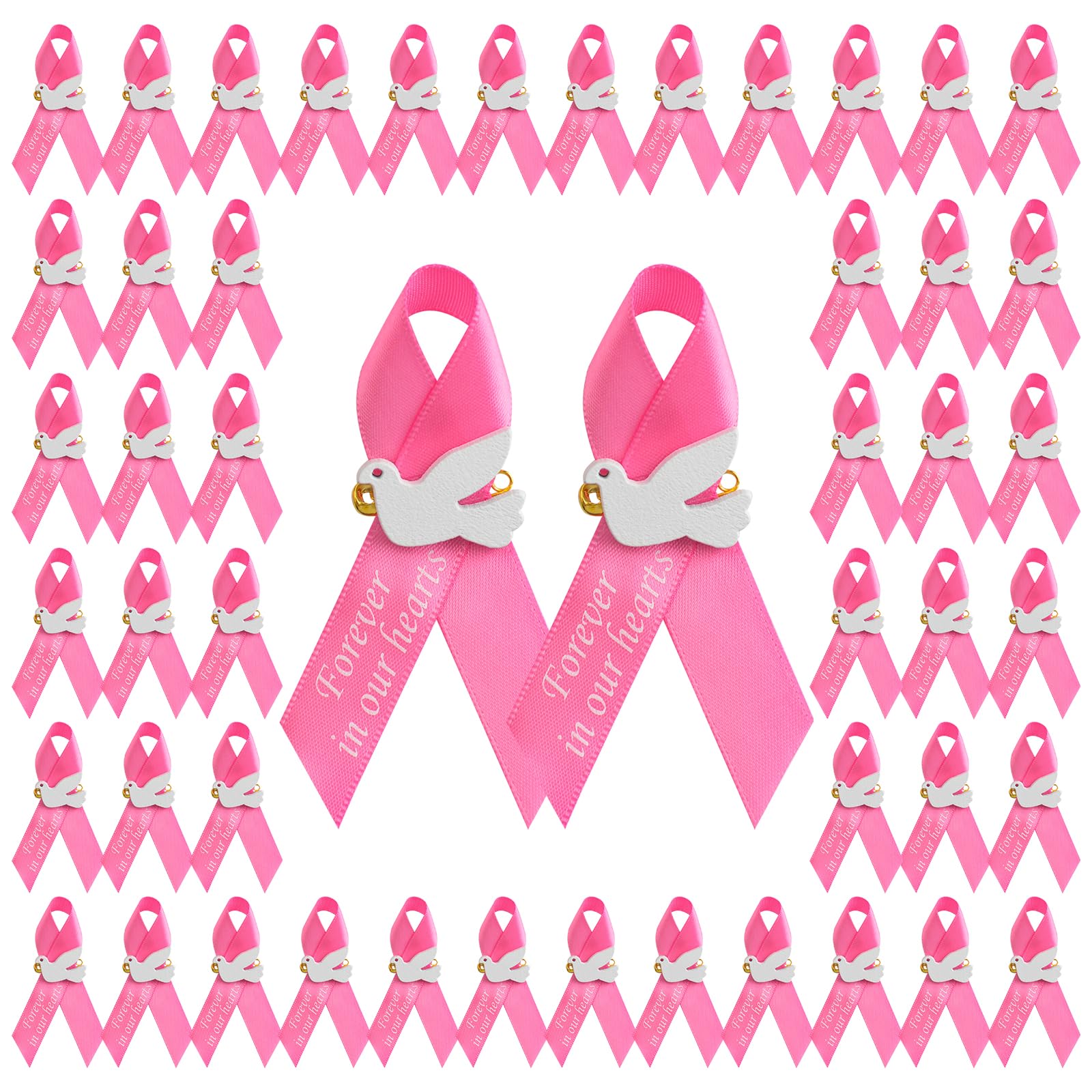 WANDIC 100 PCS Pink Satin Ribbon Pins with Dove,Breast Cancer Awareness Badges Hope Brooches Memorial Ribbon Badges in Forever in Our Hearts for Funeral Mourning Event Bereavement Remembrance