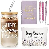 Domensi 6 Pcs Tiny Humans Tamer Teacher Appreciation Week Gift Thank You Gift for Teachers Preschool Daycare Kindergarten 16oz Glass Jar Cup with Straw Leather Journal Ballpoint Pen Makeup Bag(Purple)