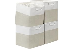 POSPRICA 13x13 Storage Cube Bins 4Pack,Collapsible Cube Storage Organizer for Closet, Fabric Storage Box w/ Rope Handles, Foldable Storage Baskets for Shelves, Clothes,Closet Organization - White/Coffee