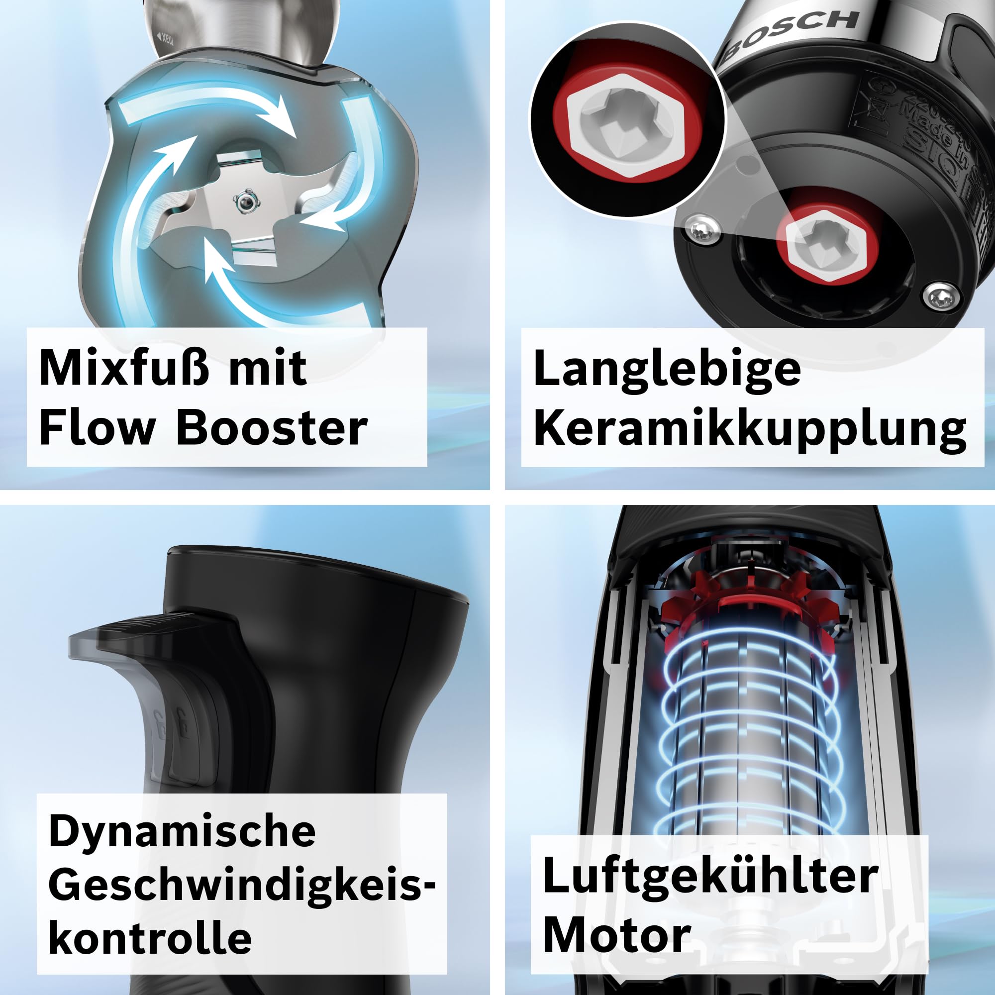 Bosch Stabmixer ErgoMaster Serie 6, Zerkleinerer, einhändig bedienbar, 4 Edelstahl-Klingen verschleißfreie Keramik-Kupplung, Luftkühlung, langlebig, Mixbecher, leistungsstark, 1200 W, MSM6M830 3