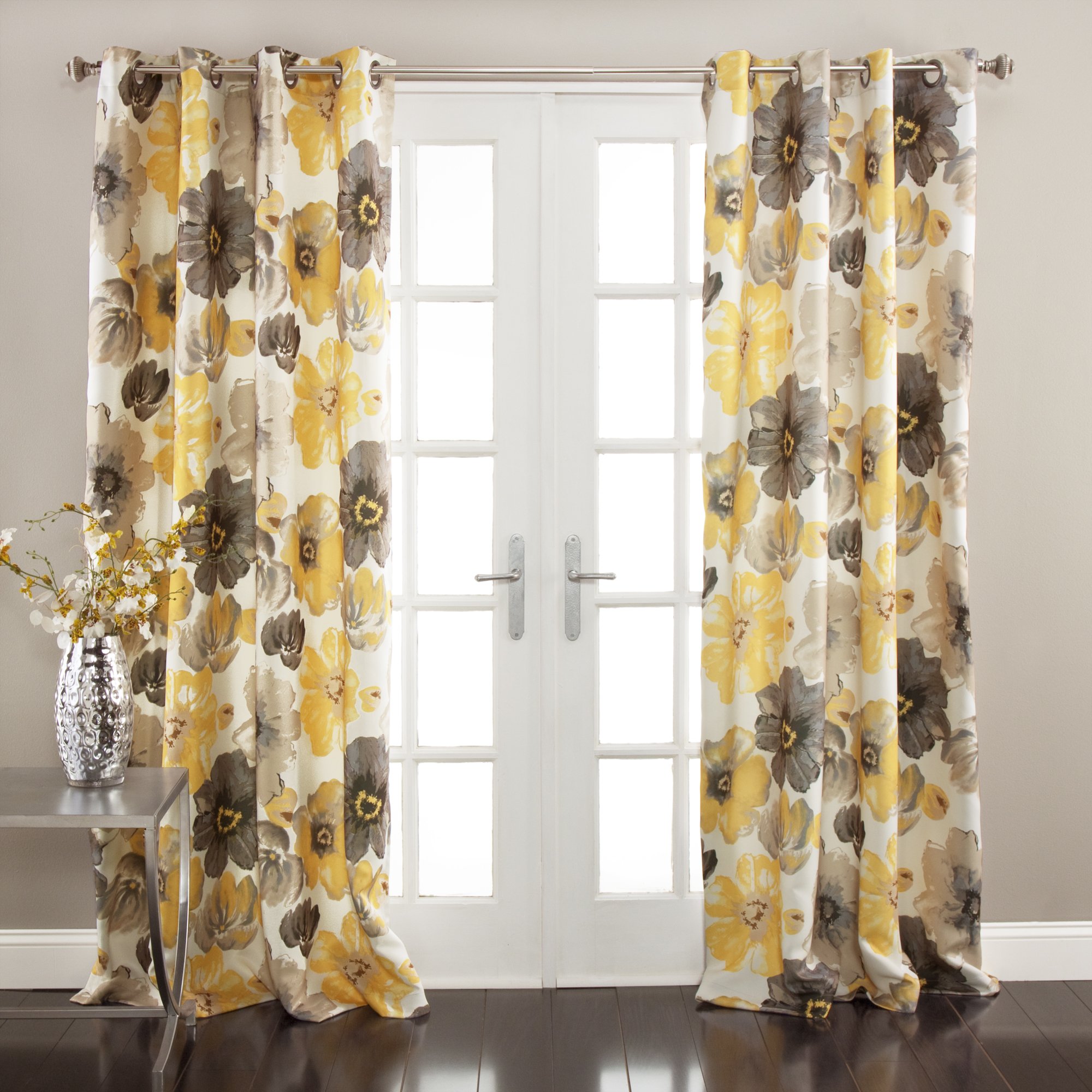 Lush Decor Leah Room Darkening Window Curtain Panel Pair Floral Insulated Grommet, 52" W x 120" L, Yellow and Gray