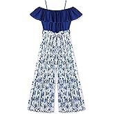 oklady Girls' Jumpsuits Belted Ruffle Top High-waisted Wide Leg Pleated Pants One Piece Outfit 6-14 Y