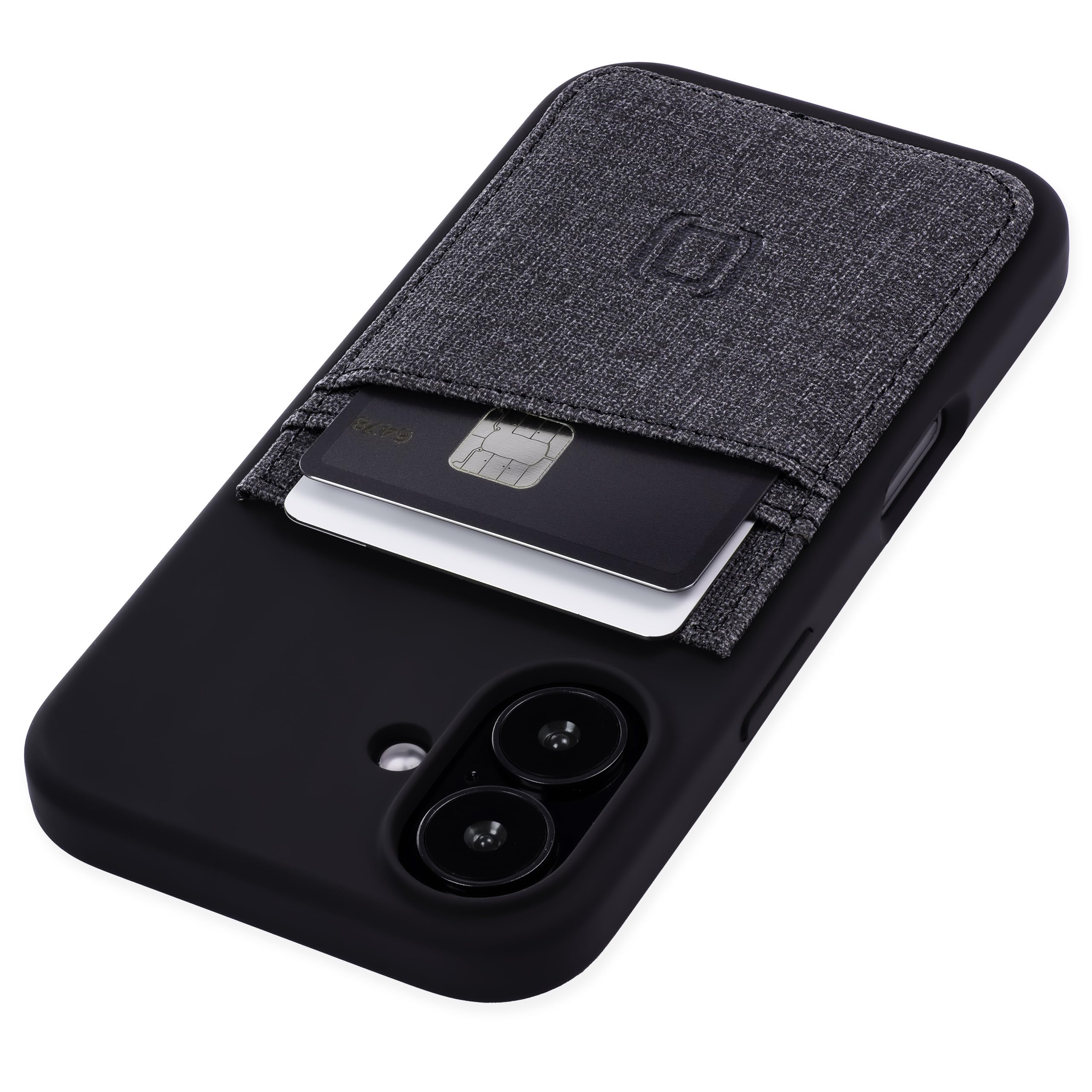 Dockem iPhone 16 Card Case with Liquid Silicone Shell, Built-in Metal Plate for Magnetic Mounting & Stitched-on Wallet with 2 Canvas Style Synthetic Leather Credit Card Slots (M2L, Black)