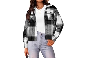 HOTOUCH Womens Flannels Fall Cropped Shacket Plaid Jacket Long Sleeve Button Down Coat 2024 Fall Fashion Trendy Outfits