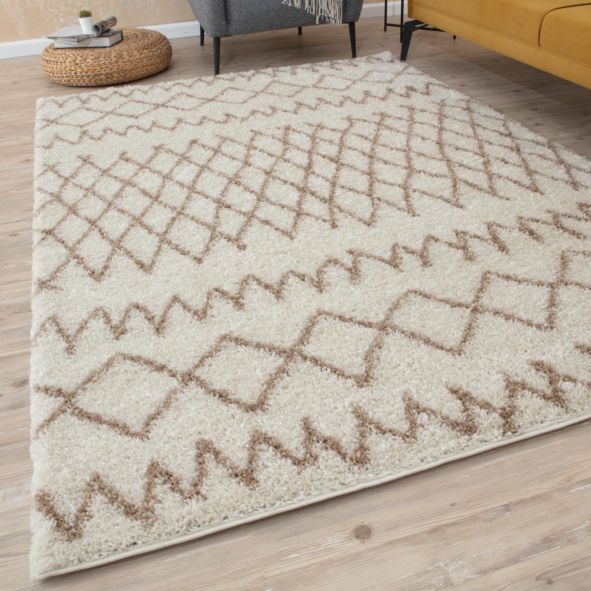 THE RUGS Modern Moroccan Design Living Room and Bedroom Rugs, Non-Shedding & Easy Care (Tangier Ivory/Beige, 80x150 cm)