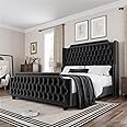 HOSTACK King Size Platform Bed Frame with 54" Tall Wingback Headboard & Deep Button Tufted Footboard, Velvet Upholstered Bed Frame with Handmade Pleats, Nailhead Trim, No Box Spring Needed, Black