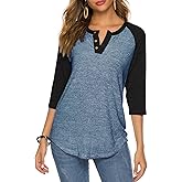 HOCOSIT Women's Raglan V Neck Summer Tops 3/4 Sleeve Ladies Button Henley Shirt Boyfriend Style Blouse