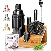Barillio Black Bartender Kit - Stainless-Steel Cocktail Shaker Set w/Bamboo Stand - Mixology Bar Tools w/Shaker, Drink Mixer Spoon & Muddler for Cocktails - Home Bar Accessories - 10-Pc Bar Set