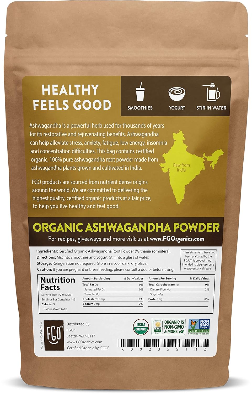 Organic Ashwagandha Root Powder | 8oz Resealable Kraft Bag | 100% Raw from India | by FGO: Health & Personal Care