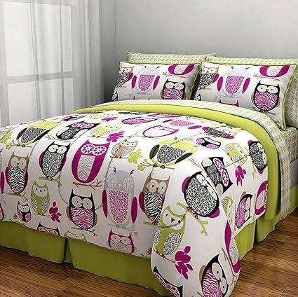 Amazon Com 6pc Girl Green Pink Owl Zebra Bird Twin Comforter Set