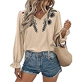 BTFBM Womens Tops Dressy Casual Fall 2025 Boho V Neck Ruffle Long Sleeve Shirts Floral Embroidered Work Business Blouses