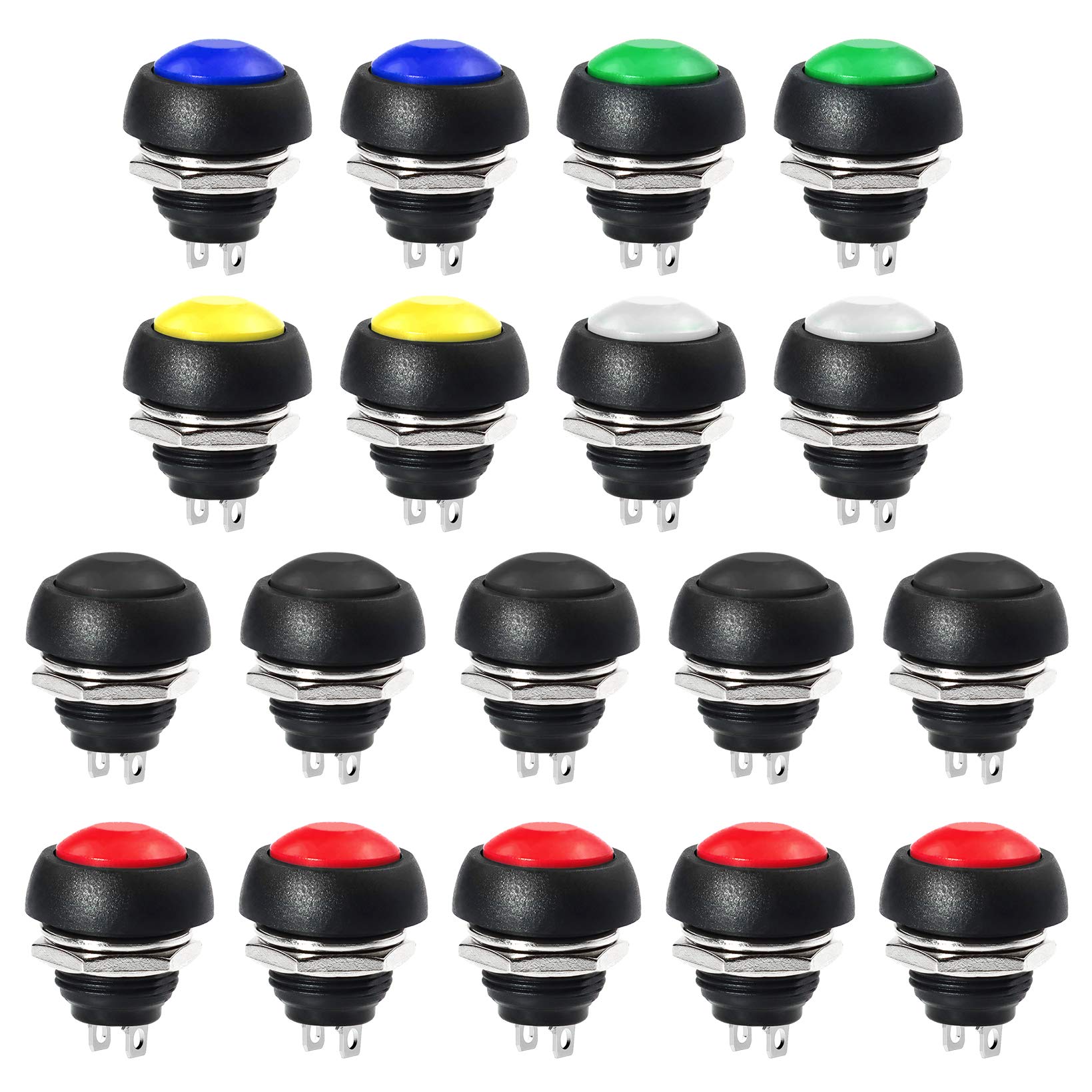 WayinTop 18pcs 12MM Momentary Push Button Switch Waterproof Horn Switch 3A 125V Lockless Mini Round On Off Self-Reset Switch Button for Arduino/for Raspberry Pi/Table Lamp/Doorbell (6 Colors)