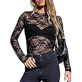 Totatuit Womens Lace Top Long Sleeve Floral Mesh Tops Sheer See Through Sexy Shirt Concert Outfits for Women