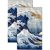 KOUTIA 2 Pack Japanese Waves Bathroom Hand Towels Decorative Soft Absorbent Kitchen Guest Towel Set for Spa Gym Hotel, 14x28 Inches