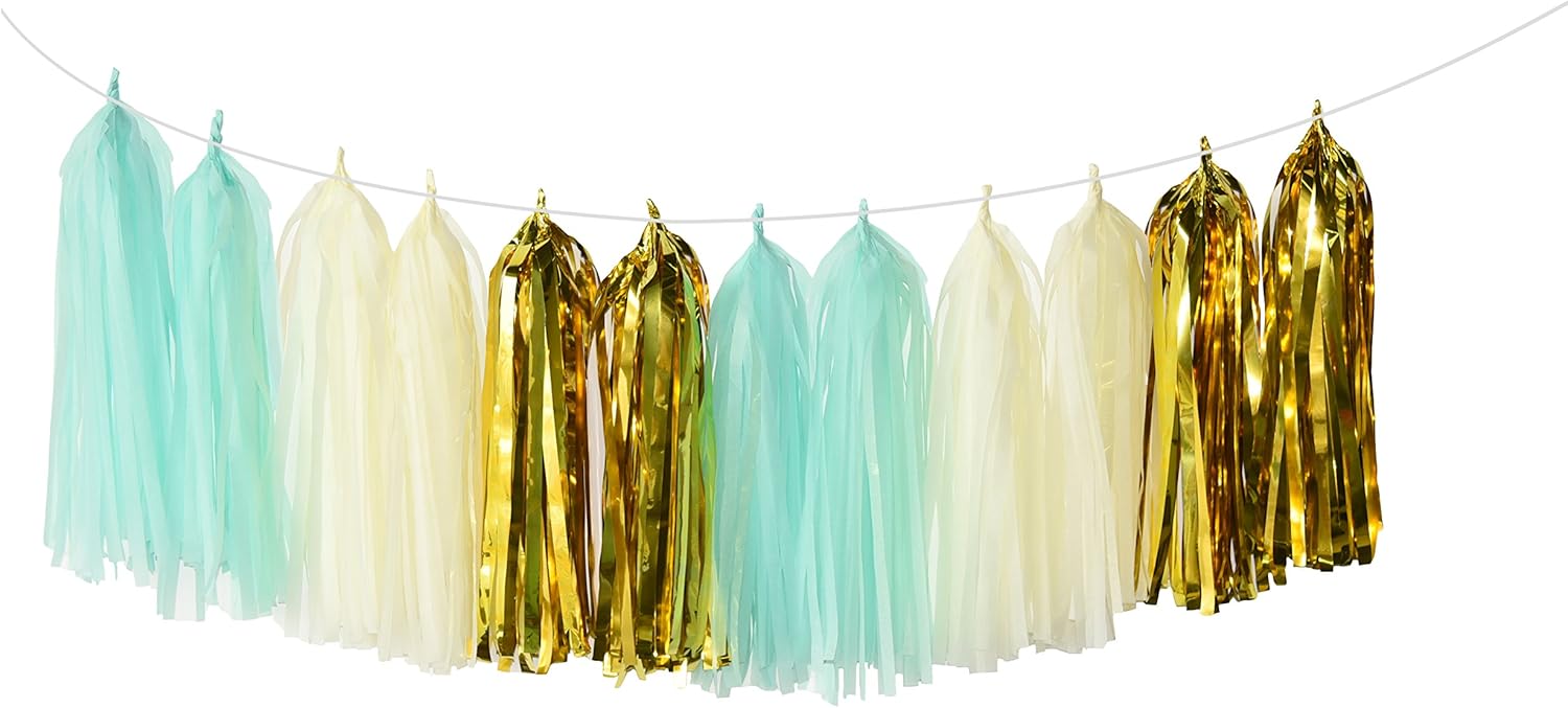 Amazon Com 12 Pcs Mint Cream Gold Tissue Paper Tassel Garland