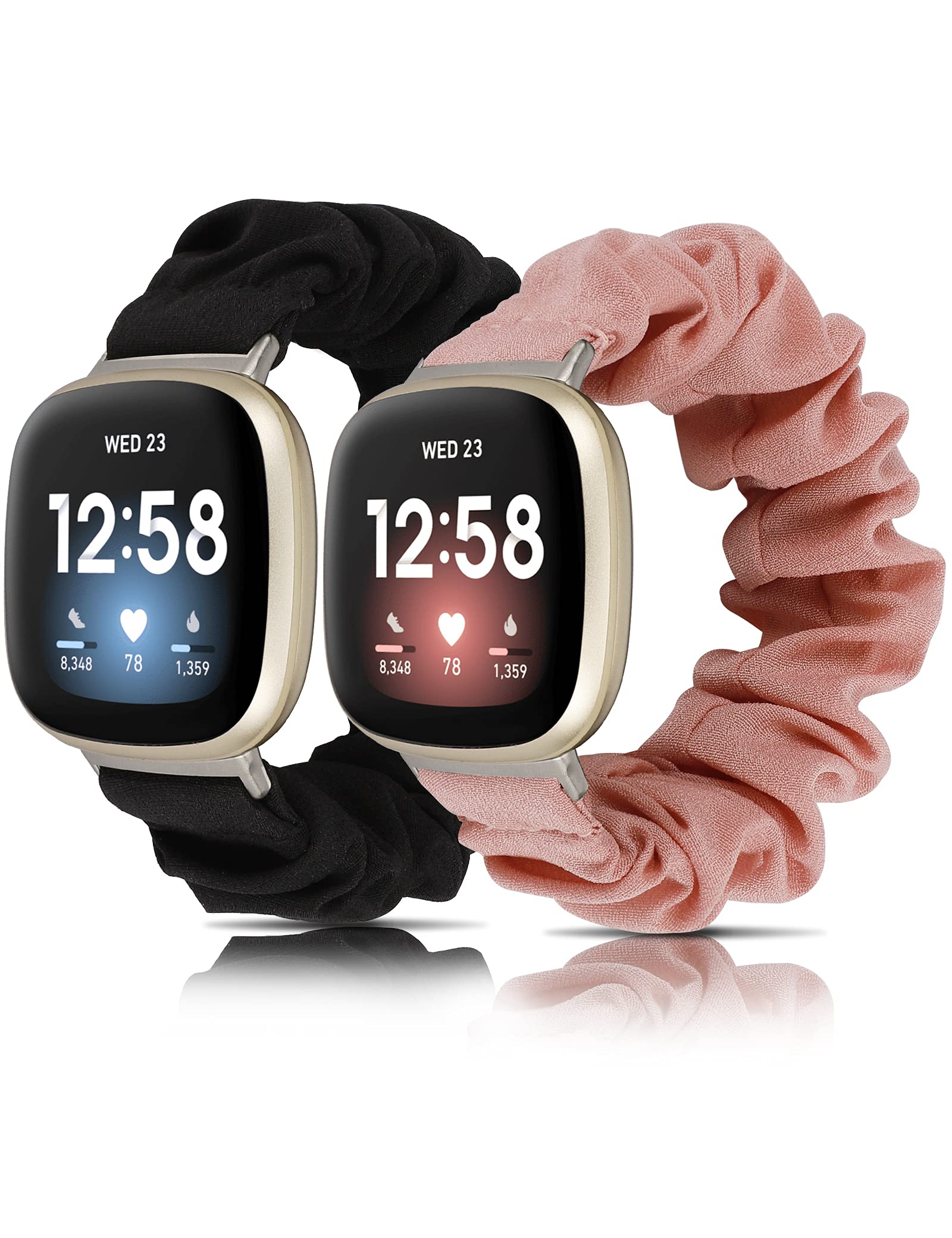 Wearlizer Compatible with Versa 3 Straps/Versa 4 Strap for Women, Scrunchie Bands Stretchy Bracelets Elastic Breathable Wristbands Replacement Strap for Sense/Sense 2 Smartwatch(Black/Pink, S) — image 1