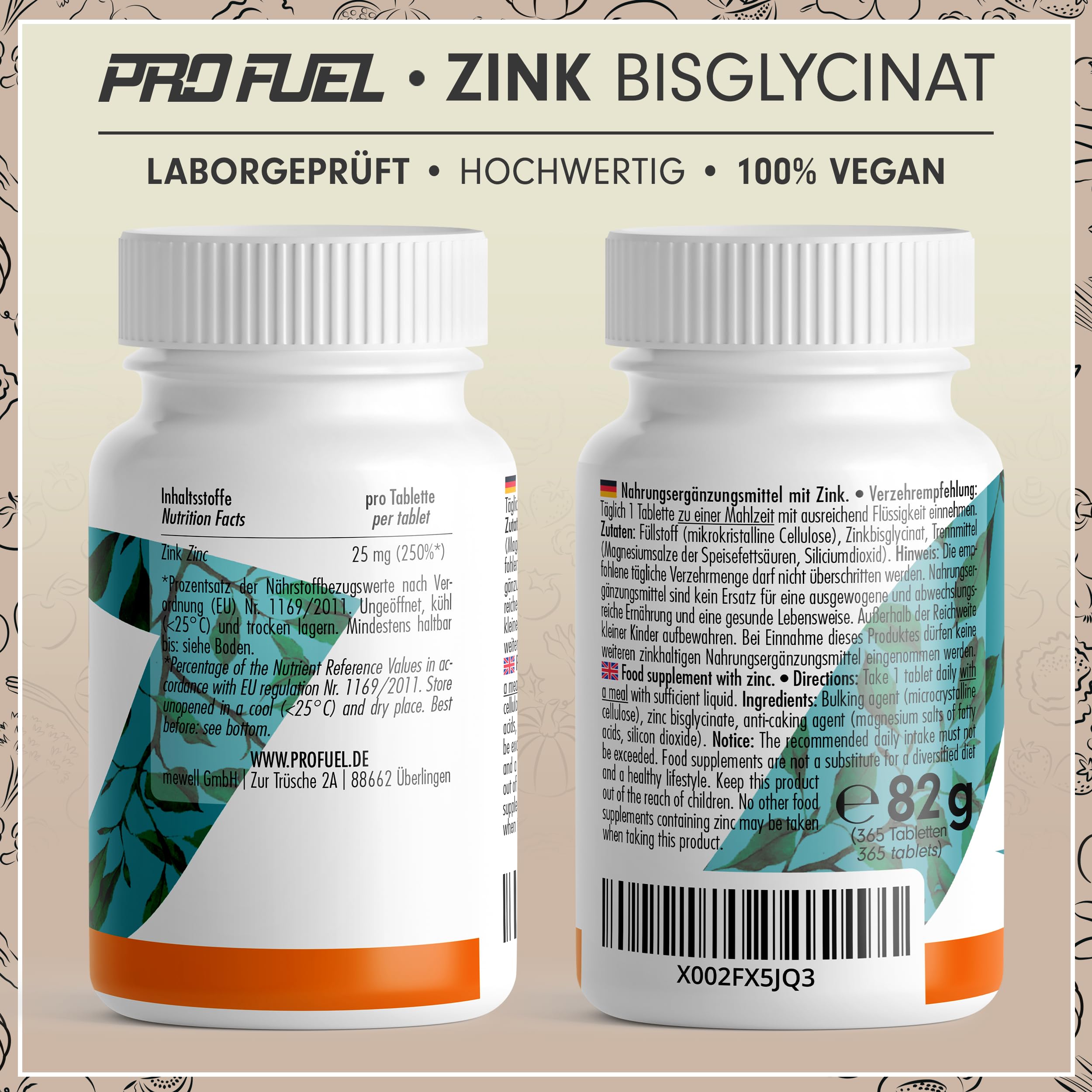 Zink 25mg - 365 Tabletten (vegan) mit Zinkbisglycinat (Zink-Chelat) für höchste Bioverfügbarkeit - laborgeprüft mit Zertifikat - optimal hochdosiert - 1 Jahresvorrat - ProFuel 6