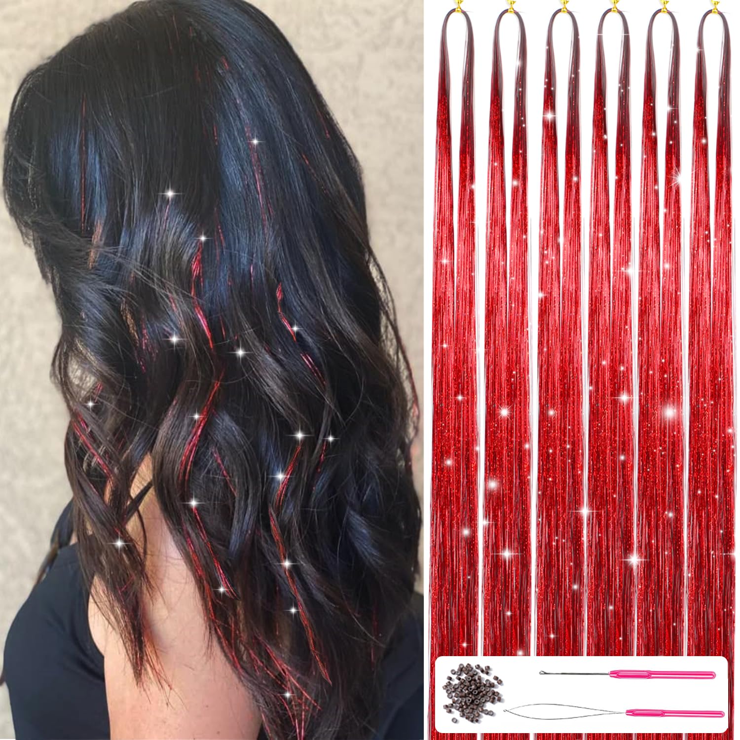Photo 1 of MISSUHUI Hair Tinsel Kit With Tools 47Inch 1200 Strands Glitter Tinsel Hair Extensions Sparkling Shiny Hair Tinsel Strands Kit Heat Resistant for Women Girls Kids 6Pcs (Red)