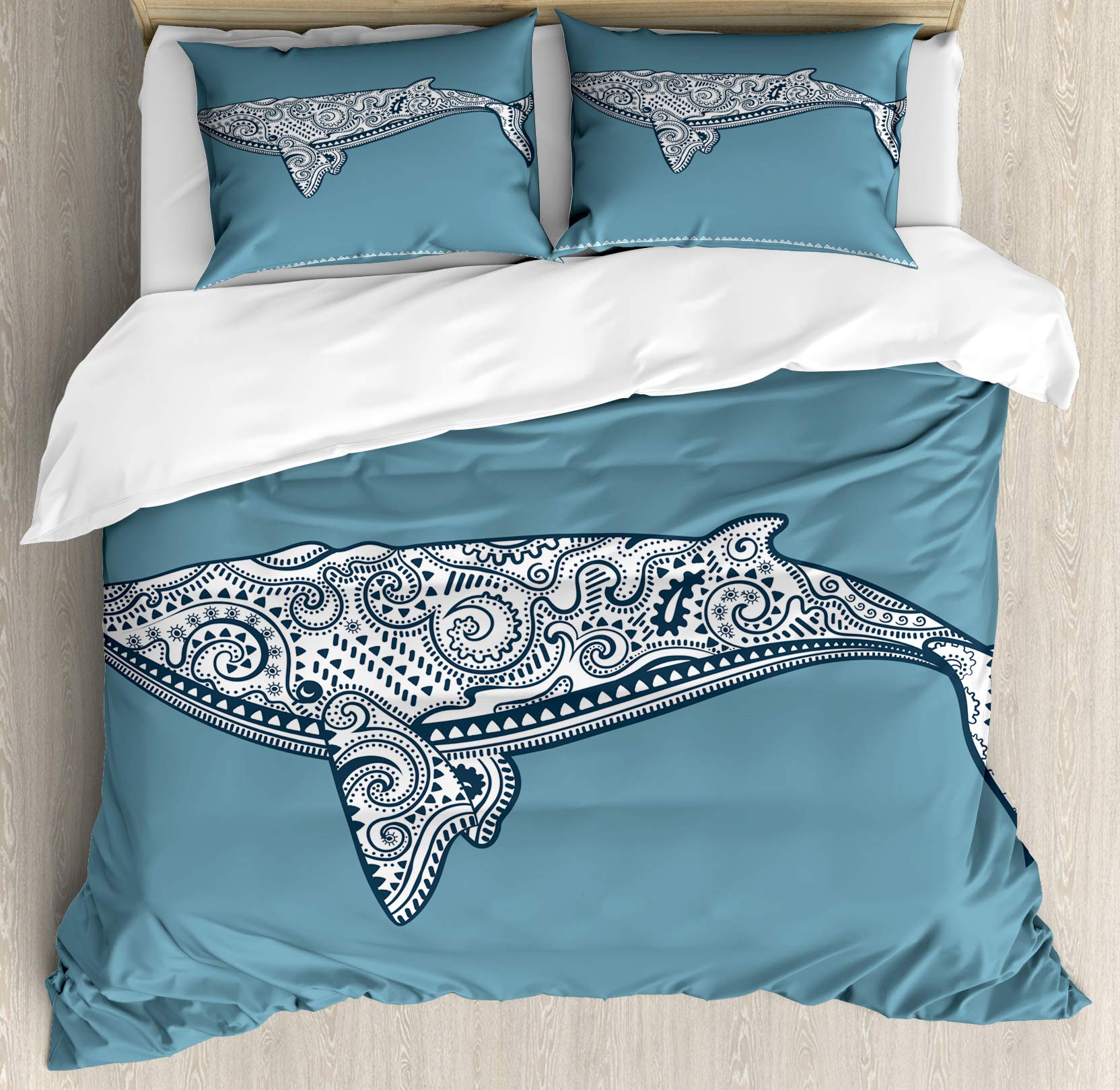 Ambesonne Nautical Duvet Cover Set, Whale Lettering with Totem and Antique Paisley Pattern, Decorati