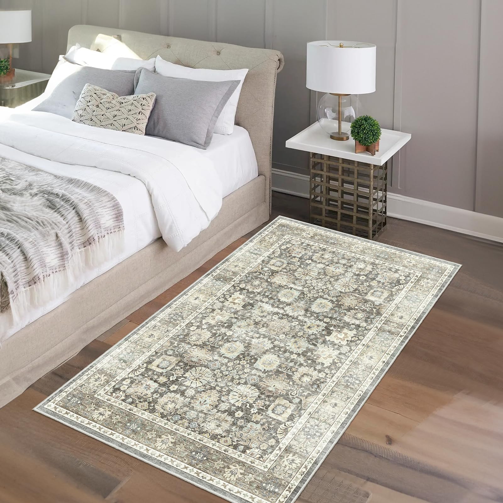 HOMFINE Vintage Area Rug for Living Room - Floral Print Traditional Rug Washable Machine Rug Soft Short Pile for Bedroom Kitchen Stain Resistant, Home Decor Office Carpet, Grey, 80 * 150CM