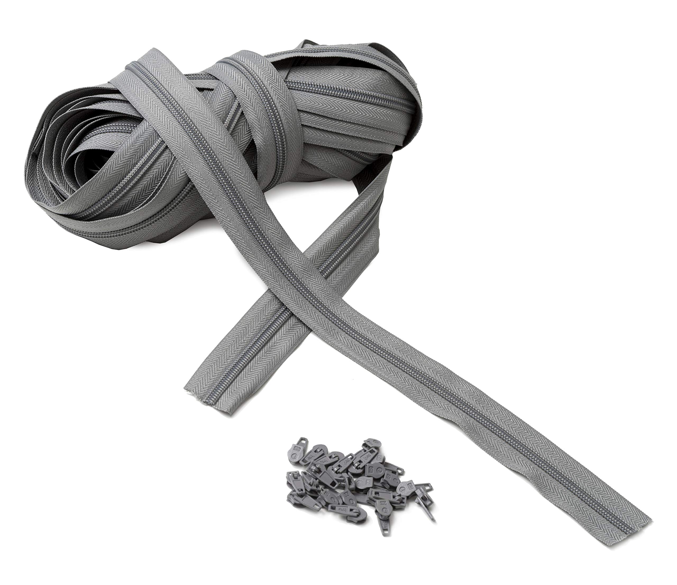 IPEA 3# Continuous Chain Zipper - 10 Metres - Nylon Zippers Per Metre + 25 Sliders Included - Zip - Cuttable for Sewing, 3 Colours to Choose, Grey, 30mm Wide