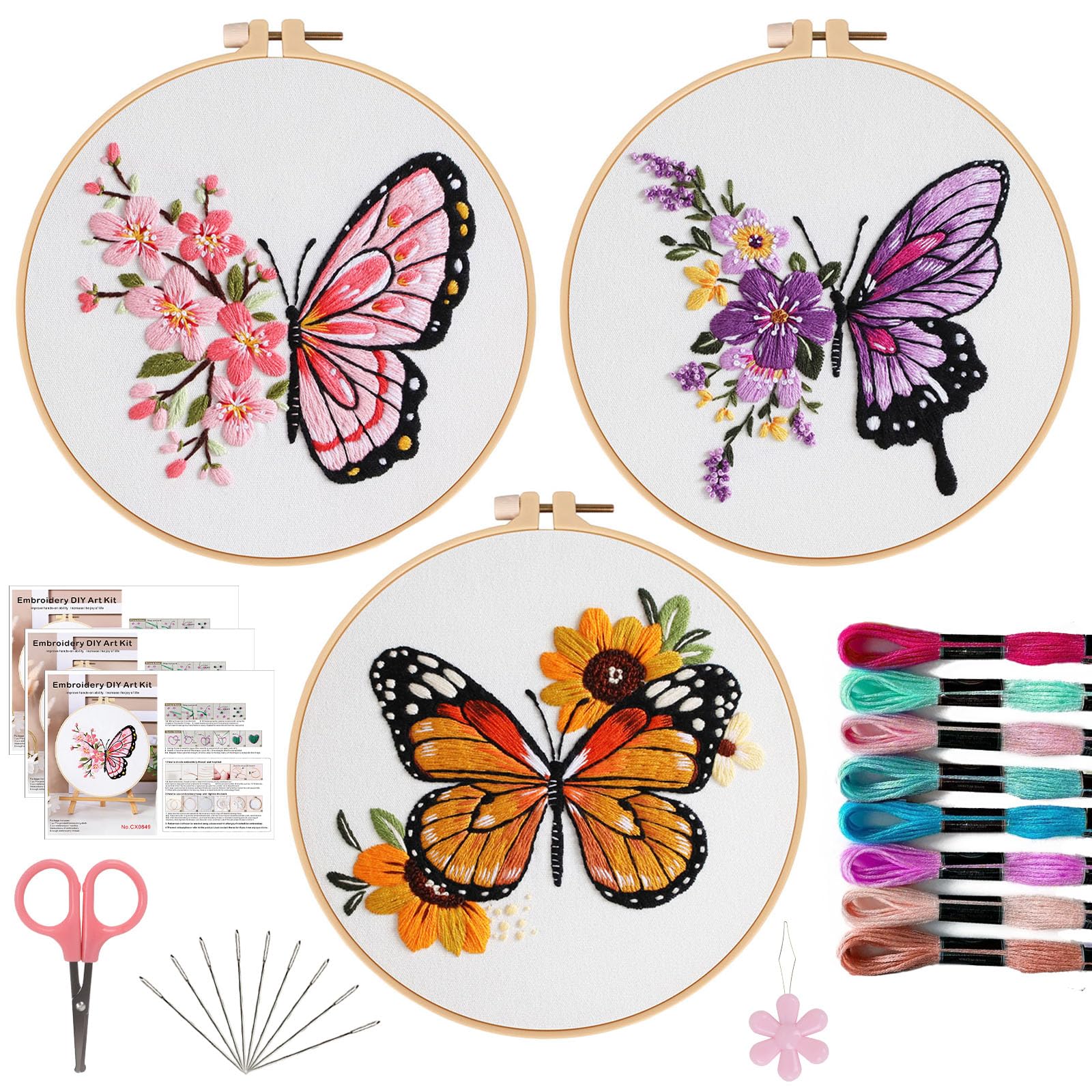 Offizon 3 PCS Embroidery Kit for Beginners - Embroidery Patterns, Embroidery Accessories & Hoop Included, Hand Embroidery Kit for Adults Stitching Sewing Kit Gift | ButterflyB Patterns