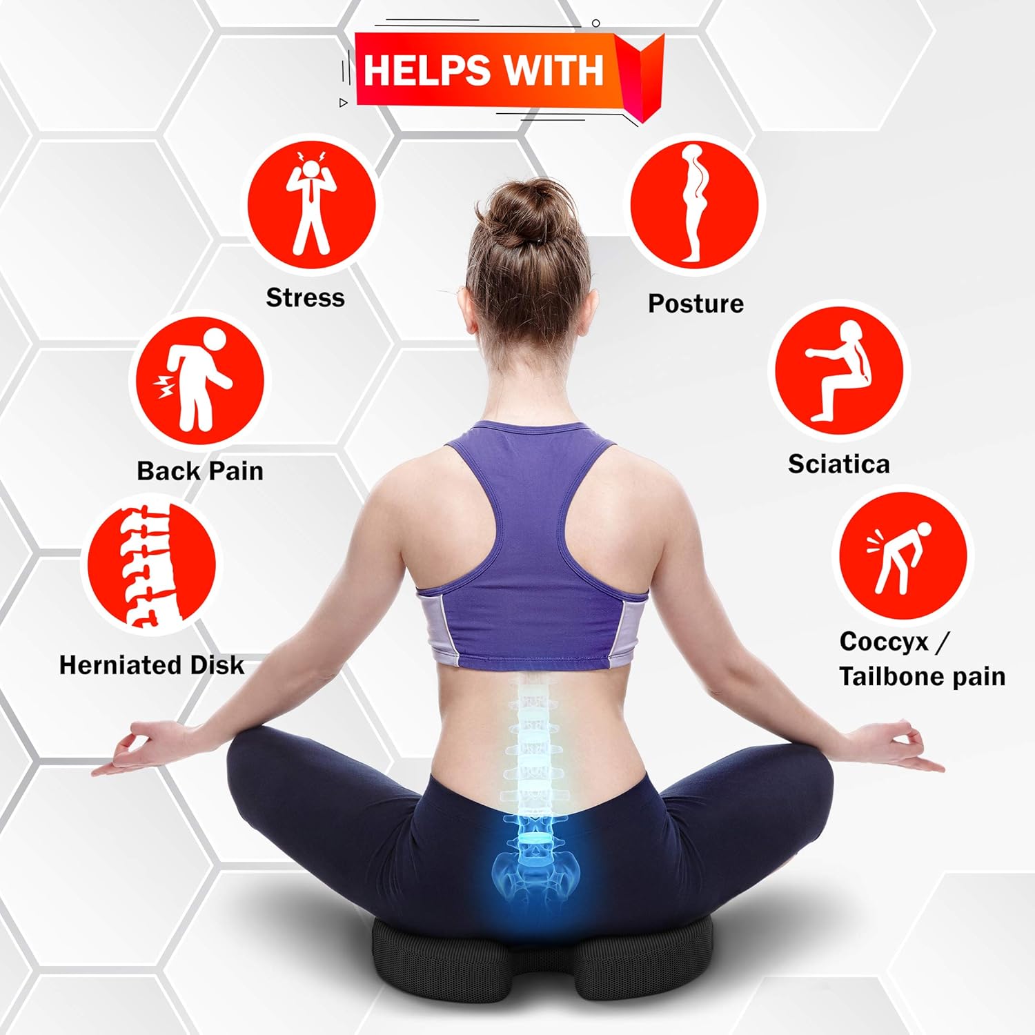 FORTEM Seat Cushion Pillow for Office Computer Chair, Car, Wheelchair, Memory Foam, Improves Posture, Non-Slip Bottom, Washable Cover (Black): Health & Personal Care