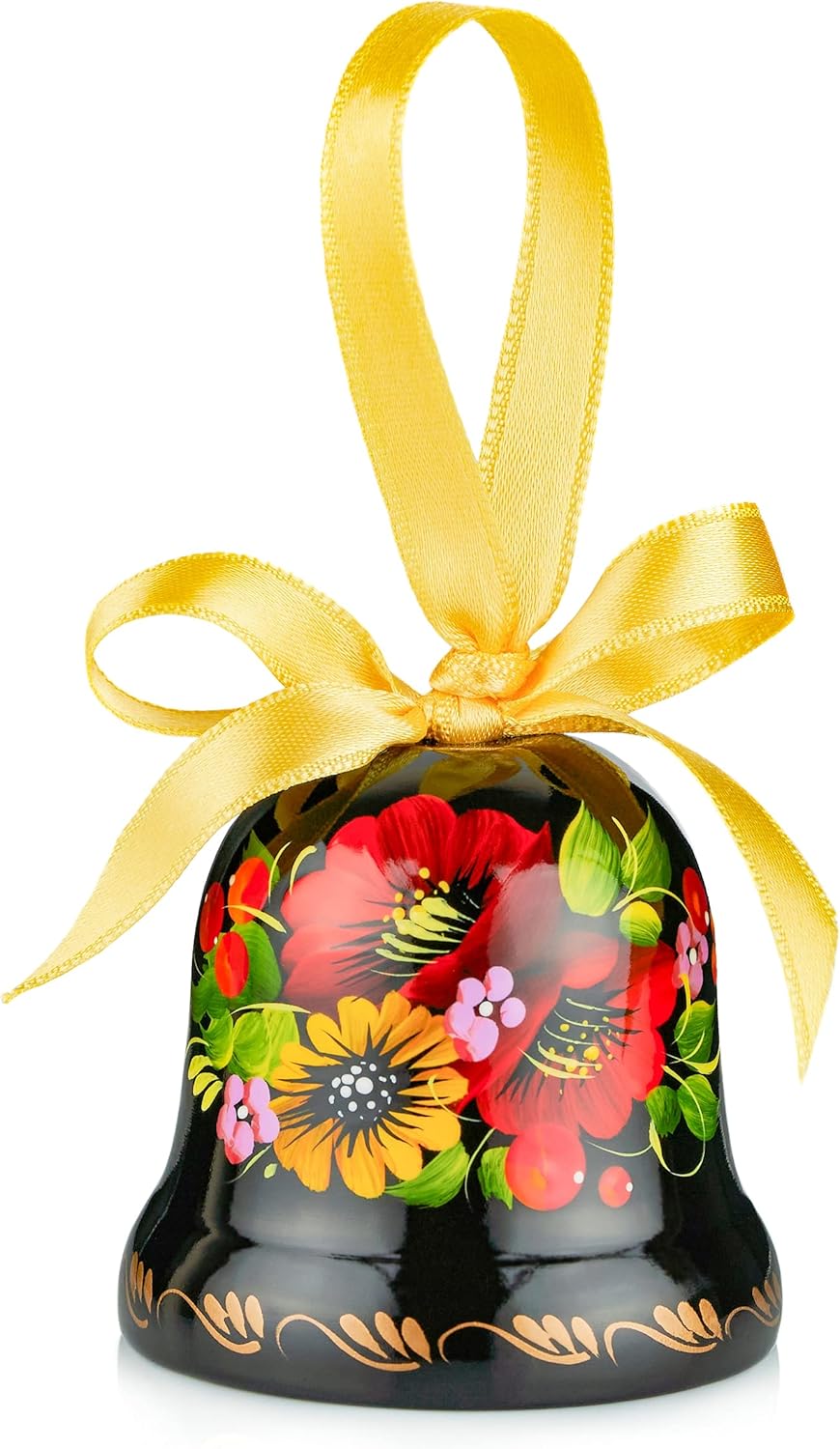 Paintings - Ukrainian Souvenir Hand Painted Lacquered Wooden Decorative Bell with Ethnic Petrykivka Floral Painting, a Nice Home Decor Accent Item in a Gift Box for Women, Hanging or Desktop (Red and Yellow)