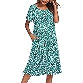 Ekouaer Nightgowns for Women with Pockets Button Front Short Sleeve House Dresses Floral Print Mumu Dress