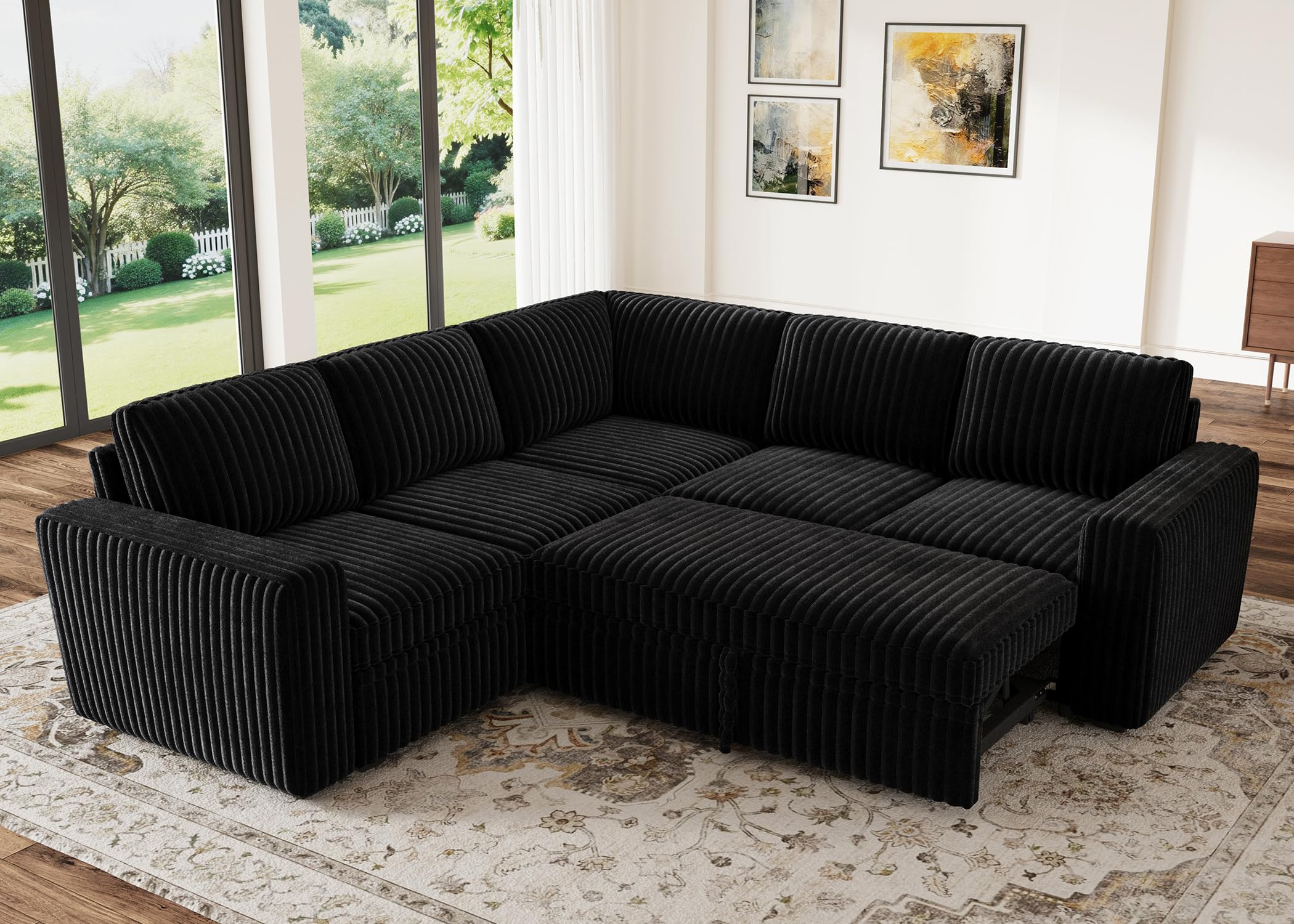 Photo 1 of ***INCLUDES 3 BOXES***





HONBAY Modular Sectional Sleeper Sofa with Pull Out Bed,Corduroy L Shaped Couch with Storage, Sectional Couches for Living Room,Black