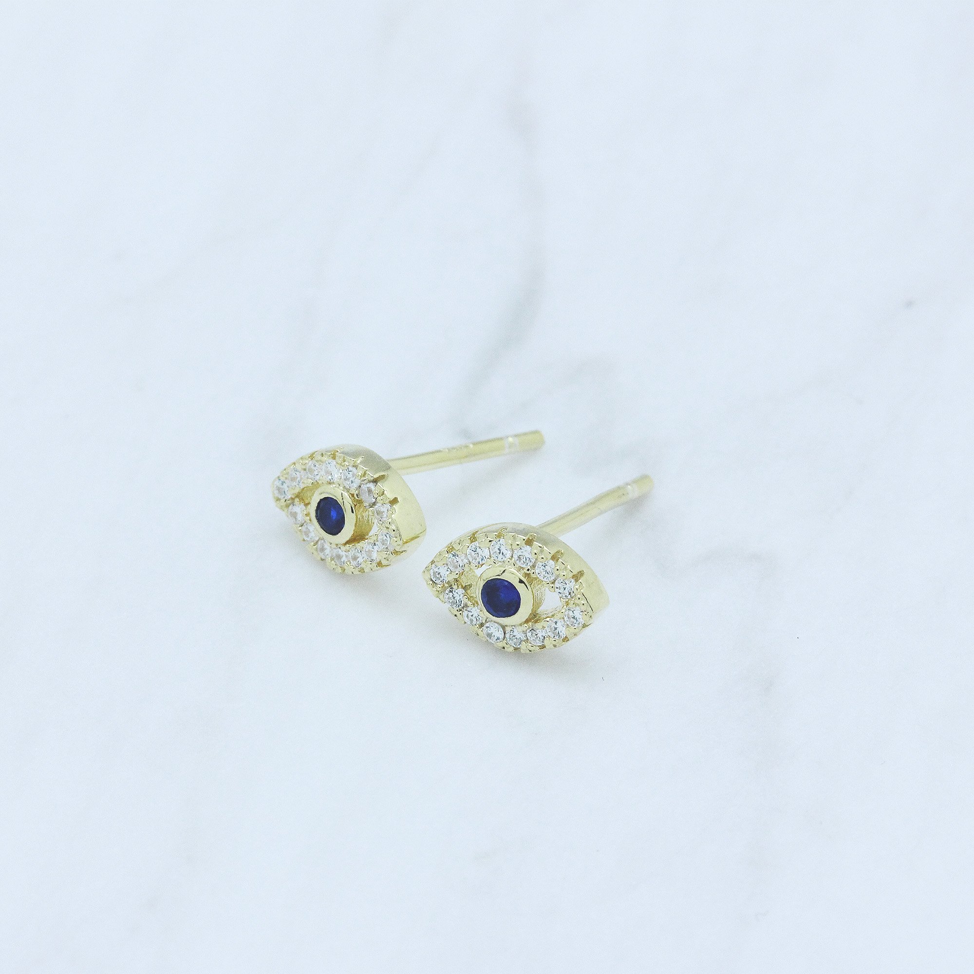 14k Yellow Gold-Plated Sterling Silver Cubic Zirconia Mini Evil Eye Jewish Symbol Stud Earrings