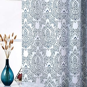 White Blue Curtains for Living Room 84 Inch Long Vintage Damask Printed Window Curtain Panels for Bedroom Grommet Top Floral Pattern Draperies 2 Pcs