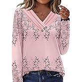HOTOUCH Womens Fall Tunics Long Sleeve Tops Cross V Neck Shirts Loose Casual Blouses with Decor Button