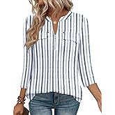 LOMON 3/4 Length Sleeve Womens Tops Business Casual Zip Front V Neck Shirt Loose Fit Work Tunic Blouse