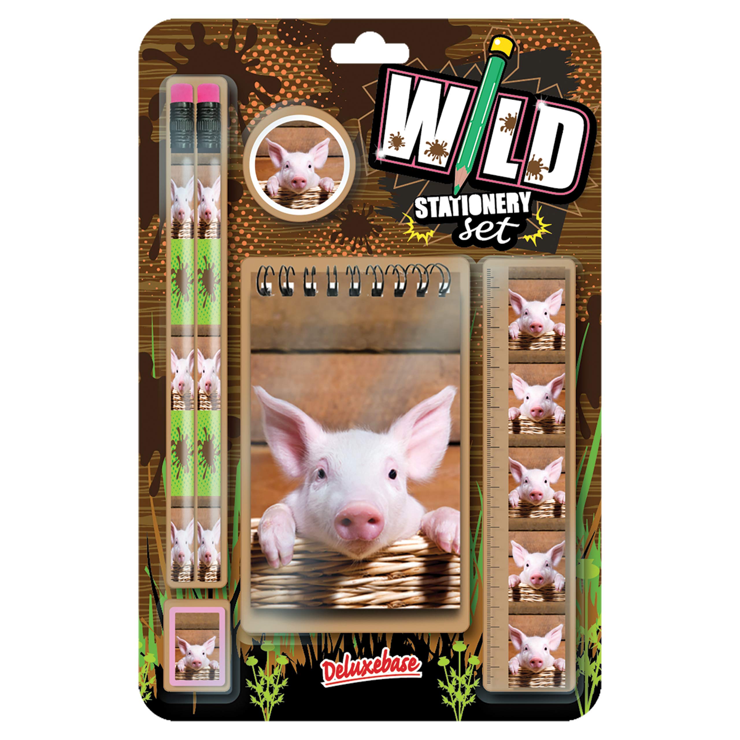 Deluxebase Wild Stationery Set – Pig, 6 Piece School Supplies Set including Notebook, 2 Pencils, Ruler, Pencil Eraser and Sharpener, Fun Animal Stationery Gifts for Kids and Students. — image 1