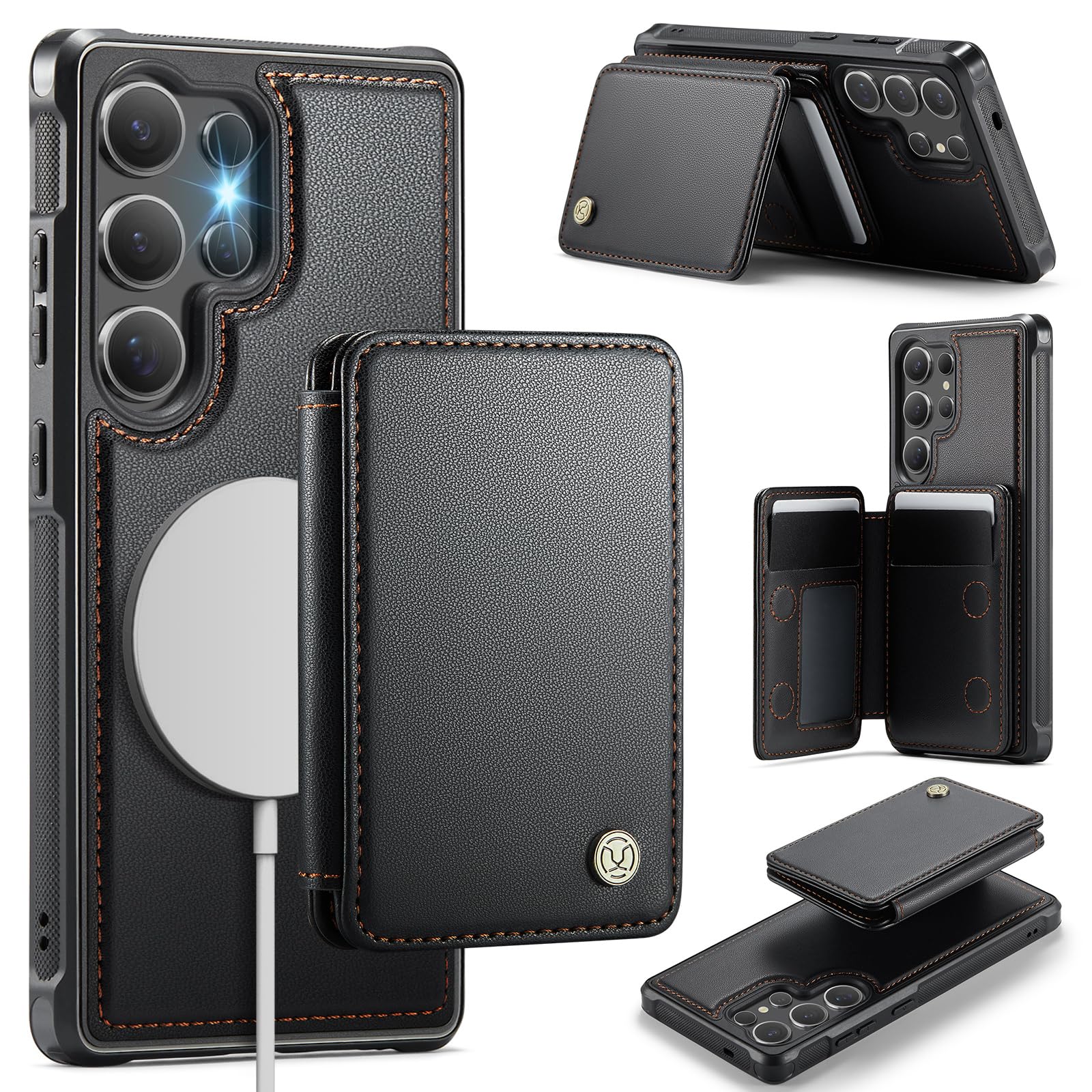 Photo 1 of Usroom Compatible with Magsafe for Samsung Galaxy S25 Ultra Wallet Case Magnetic Card Holder, RFID Blocking 2 in 1 Detachable Kickstand Shockproof Case for Women Men, Black