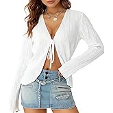 Women Bell Long Sleeve Cardigan Top Shiny Sexy Tie Front Sheer Blouse Going Out Oversized Tops Y2k Streetwear