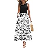 Zattcas Women's Summer Casual Sleeveless Patchwork Knit Crew Neck Tank Top Flowy Long Maxi Dresses with Pockets