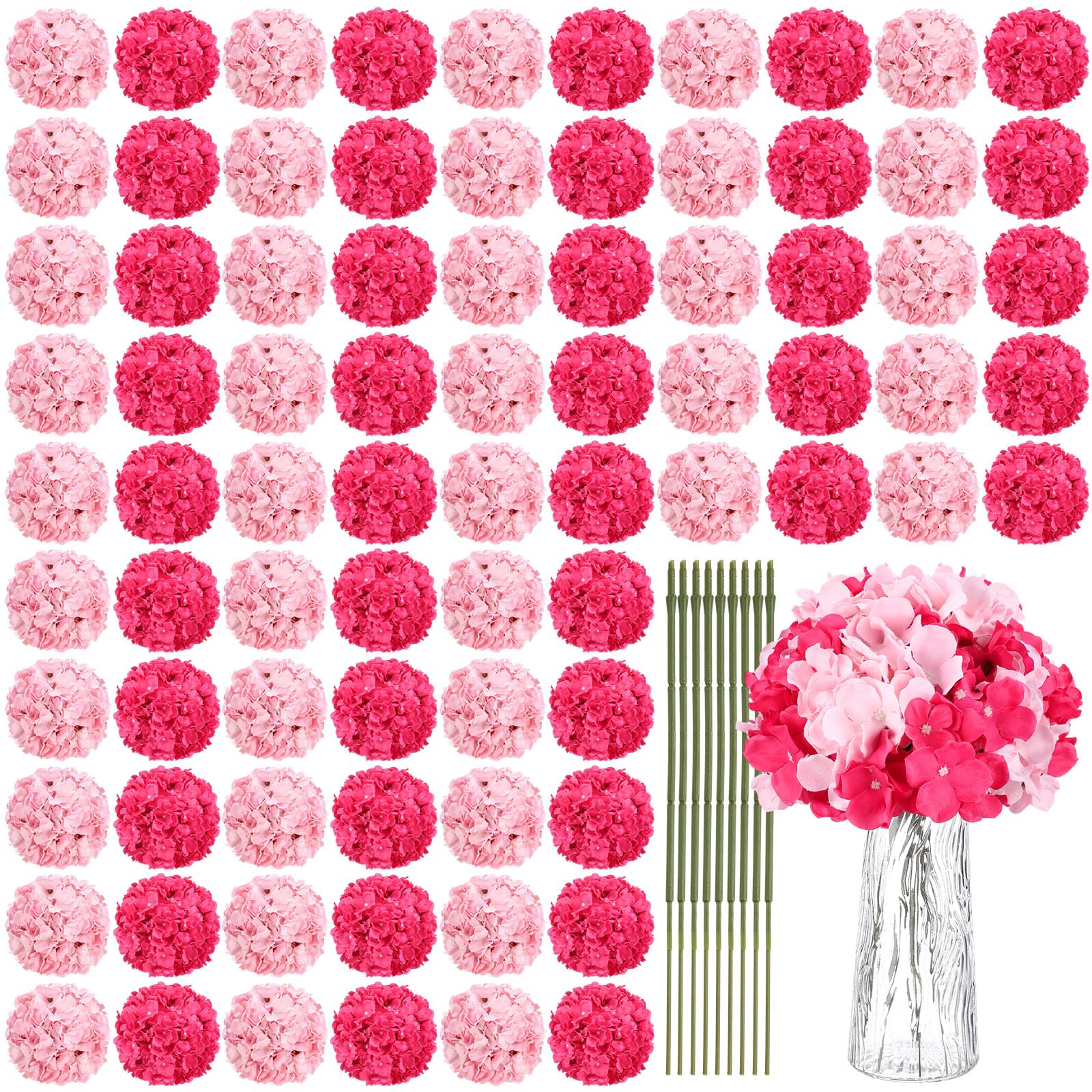 Photo 1 of Yunsailing 100 Pcs Artificial Hydrangea Flowers Hydrangea Flower Heads with Stems Silk Faux Flowers for Wedding Centerpiece Fake Bouquet Home Indoor Garden Party Decoration(Pink Rose Red)