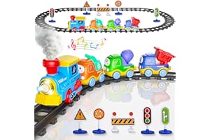 Funwee Steam Track Train Set for Toddlers, Magnetic Connection Train Toys w/Lights & Sounds, Electric Cartoon Choo Choo Train, Toy Train Christmas Birthday Gift for Toddlers 2 3 4 5+ Boy Girl (Blue)