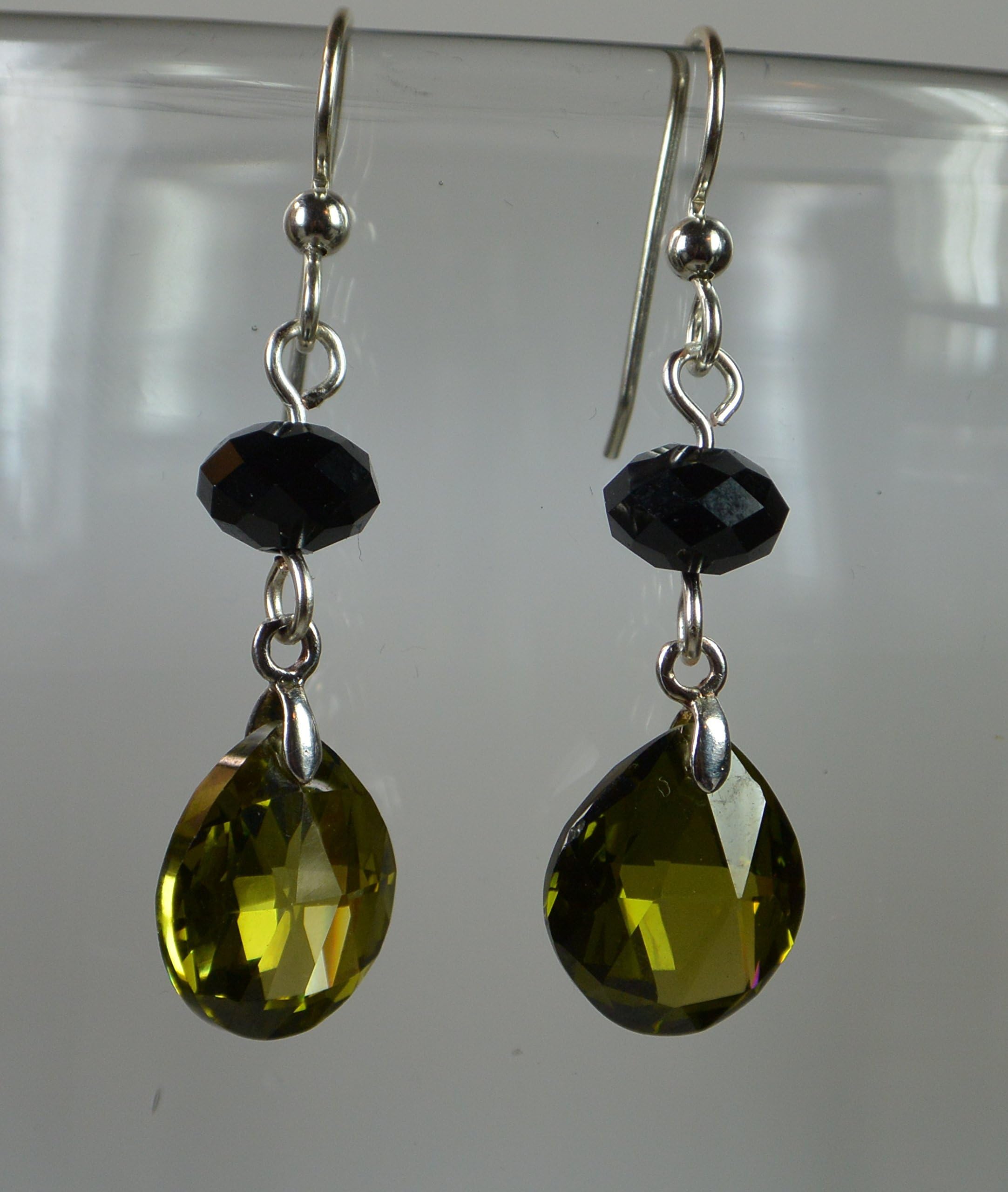 Olive Green CZ & Black Crystal Earrings with Sterling Silver