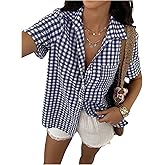 SweatyRocks Women's Short Sleeve Gingham Plaid Button Down Lapel Collar Blouse Summer Shirts