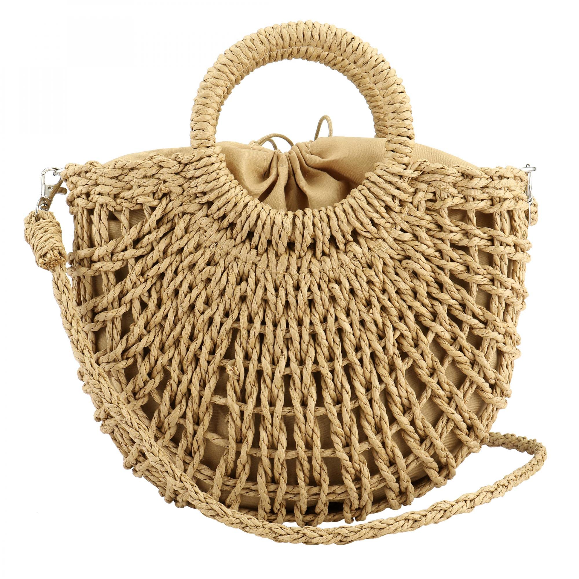 Photo 1 of Straw Woven Top Handle Bag Summer Retro Rattan Straw Handbag Shoulder Bag Crossbody Bag with Removable Shoulder Strap (Khaki)