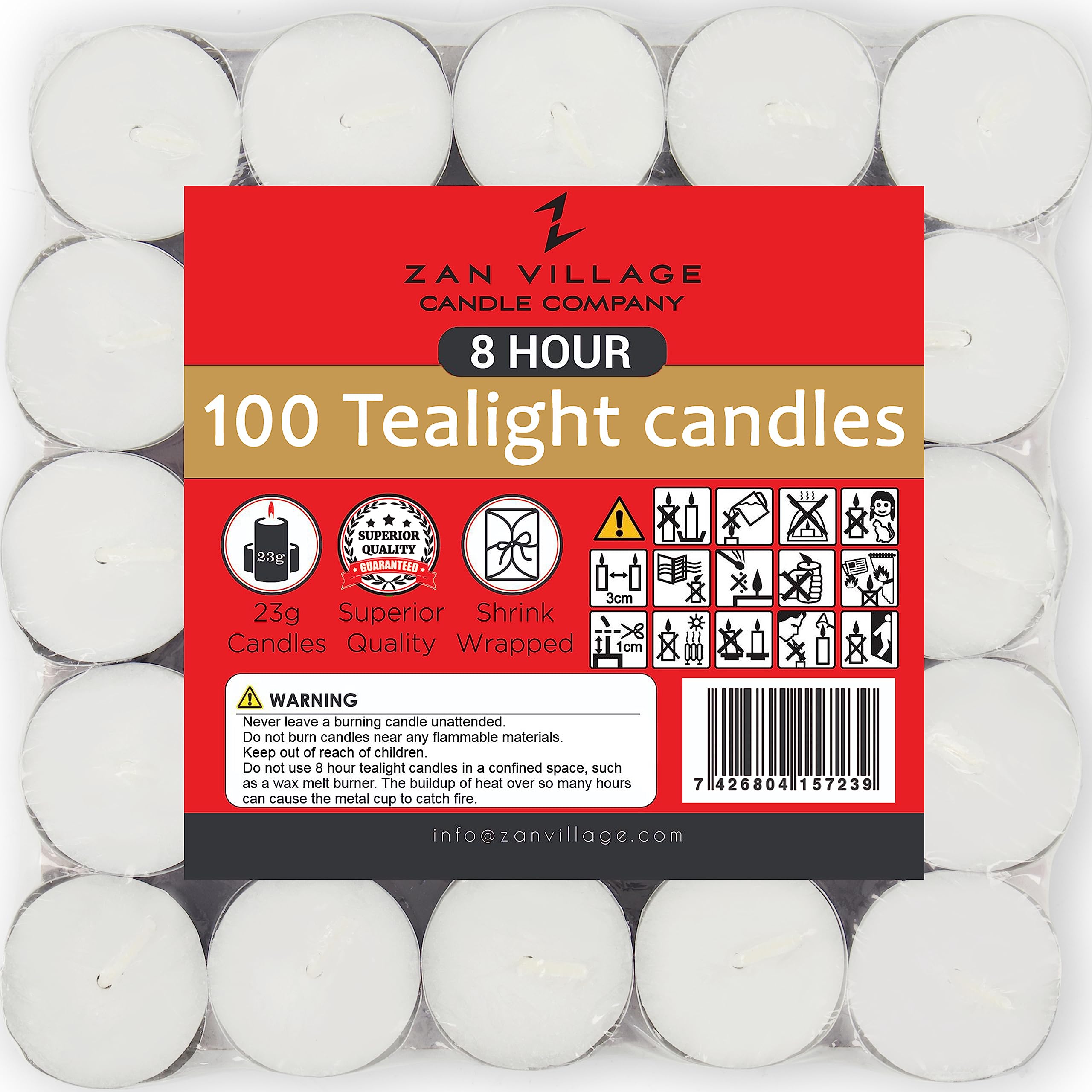 Zan Village Homeware ZVH Candles/Tealights 8 Hour Burn Time 23g, 100 Pack Shrink Wrapped Long Burning