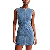 Daacee Women’s Sleeveless Bodycon Denim Mini Dress Casual Waist Tucks Zipper Tank Jean Dresses