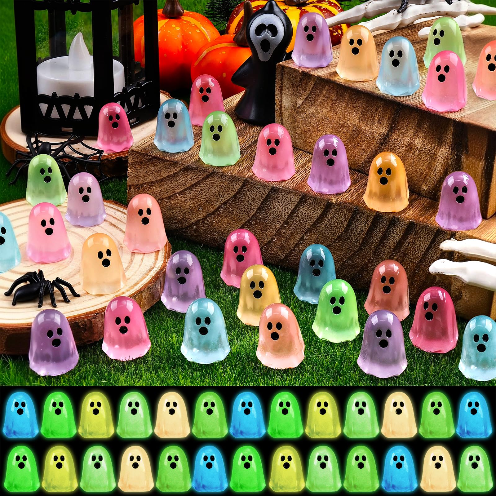 Photo 1 of 132pcs Halloween Luminous Mini Ghosts Figures 6 Colours Glow in The Dark Miniature Resin Ghost Figurines to Hide Bulk Tiny Small Statue for Halloween Party Favors Micro Garden Dollhouse Decorations