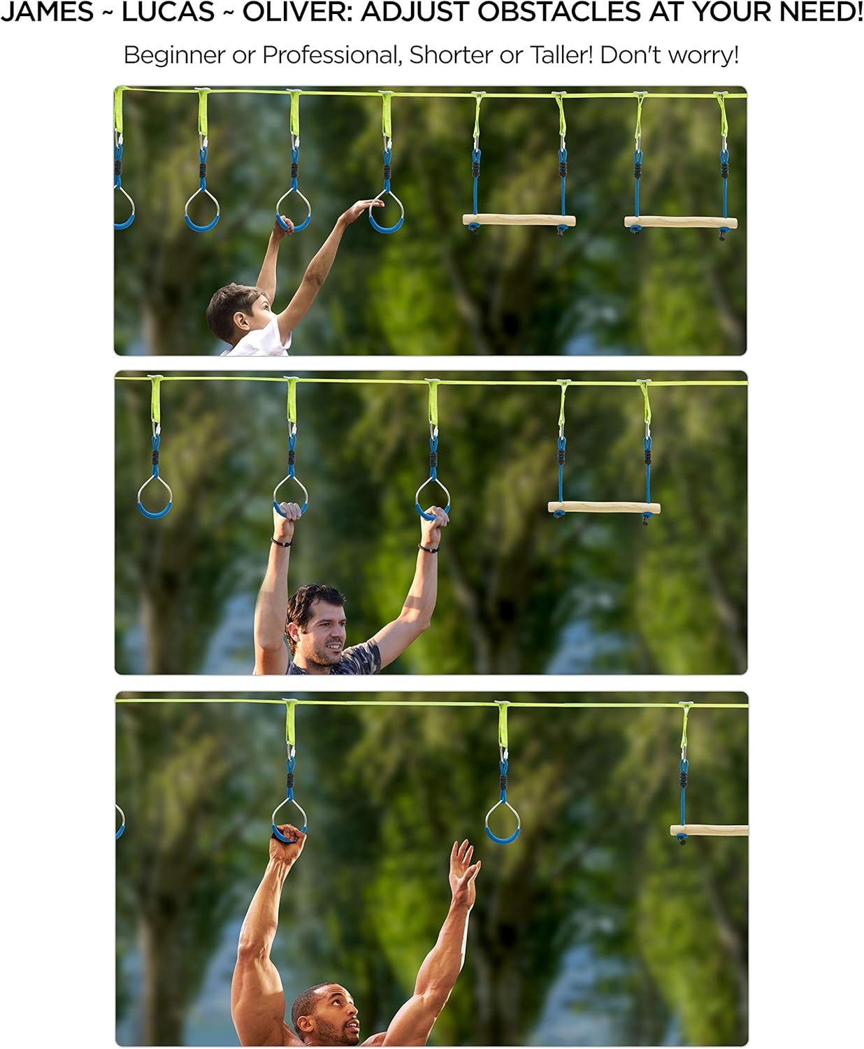 Ninja Obstacle Course Line Kit 40’ Slackline 8 Hanging Obstacles with Adjustable Buckles Tree Protectors Carry Bag Capacity 300lbs Outdoor Backyard Fun for Ninja Warrior Kids Adults Family: Sports & Outdoors