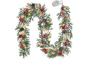 OZFHUA 6FT Christmas Garland with Lights, Christmas Decor Pre-lit Artificial Pine Garland with Battery Operated Timer, Decorations Indoor Outdoor Home Holiday Flocked Garland for Mantel Window Stairs Wall